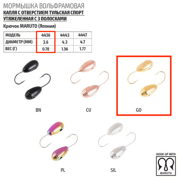 Мормышка вольфрамовая Spider Капля с отв. тульская спорт утяж. MW-SP-4436-GO