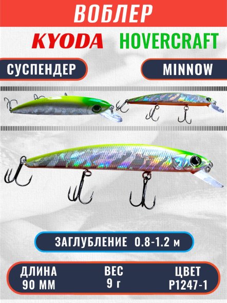 Воблер KYODA Hovercraft Minnow-90SP, длина 9,0 см, вес 9.0 гр цвет P1247-1, заглубление 0,8-1.2 м