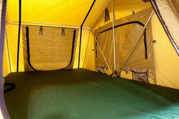 Палатка туристическая быстро раскладывающаяся СТОКРАТ для установки на крышу автомобиля с козырьком над входом и тамбуром улучшеная ткань. STO TN-RT0002